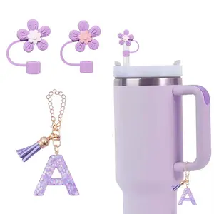 Letter Flower Pattern Silicone Straw Cover & Cup Charm Set, 3 Counts/set Including 2 Silicone Straw Cover & 1 Letter Charm, Drinkware Accessories