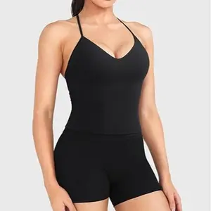 YEOREO Women’s Impact halter tank top with straps, padded, open back, deep V neck, built-in bra — workout gym crop tops