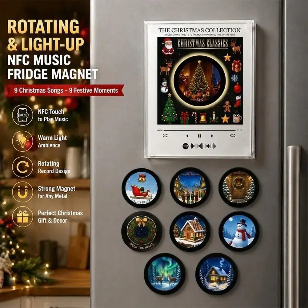 Christmas Vinyl Fridge Magnet Music Player - Includes 9 vinyl records, mini record player, NFC records, Christmas gift,sohochic