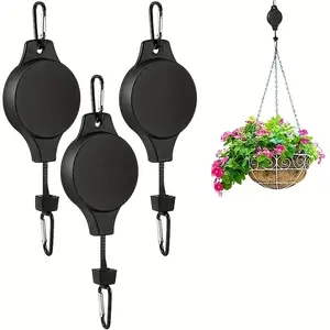 3pcs Pulley Retractable Hanger, Plant Hook, Adjustable Height Wheel For Hanging Plants, Heavy Duty Indoor Outdoor Garden Baskets Pots & Birds Feeder Organiser Hangable