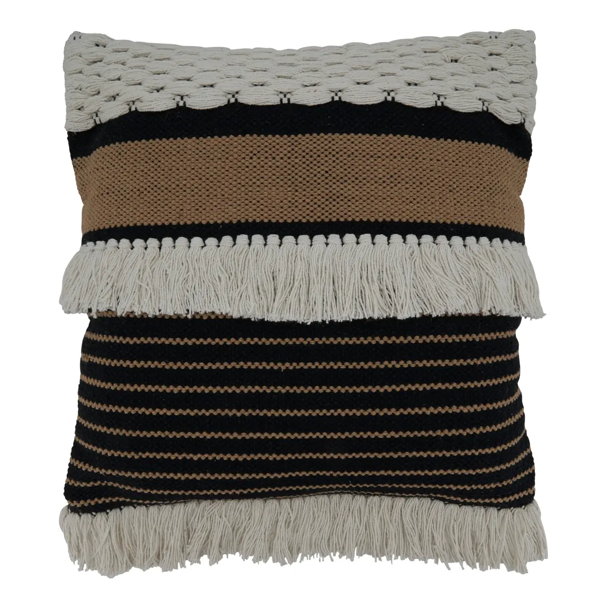 Saro Lifestyle 5224.BW20SP 20 in. Fringe Woven Square Poly-Filled Pillow, Black & White
