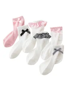 6 Pairs Girls' Ruffled Lace Trim Socks, Plain Pattern, Slim-Fitting, Cute Style, All-Seasons, Perfect for Dresses and Skirts