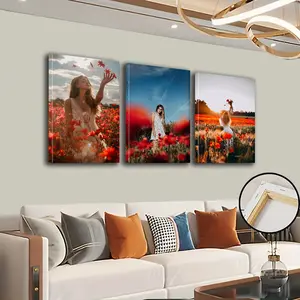 Romantic Poppy Field Triptych Decorative Painting, Girl Portrait Framed Print, Bedroom Living Room Wall Art, Elegant Artistic Wallpaper