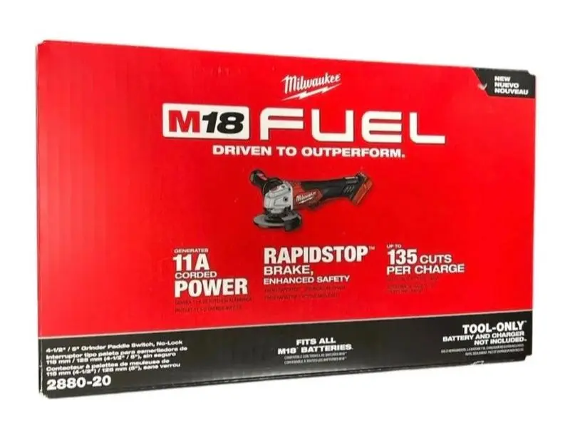 2880-20 Grinder M18 FUEL MSRP $229 Milwaukee 18V Lithium-Ion Brushless Cordless 4-1/2 in./5 in. Grinder w/Paddle Switch (Tool-Only)