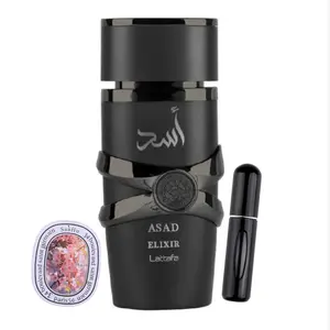 Lattafa Asad Elixir EDP 100ml Spray Bundle comes with 5Ml refillable bottle and scented card Amber Vanilla Aromatic Woody Fragrance