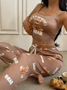 Women's 2-Piece Pajama Set, Cute Bear Print Camisole and Shorts, Comfortable Sleepwear, Loungewear, Fashion Nightwear for Daily Use