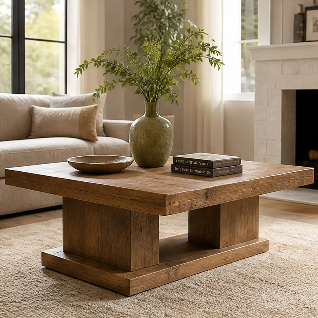47.24" Natural Solid Wood Coffee Table for Living Room, Rustic Rectangular Fir Wood Center Table with Thick Top & Double Pillar Base, Sturdy Minimalist Coffee Table for Home, Hotel, Cafe, 1-Pack, Natural+Rustic Color Options, Wood Material