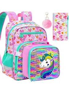 3Pcs Unicorn Backpack Set with Lunch Bag & Pencil Case - Sequin Glitter for Little Girls