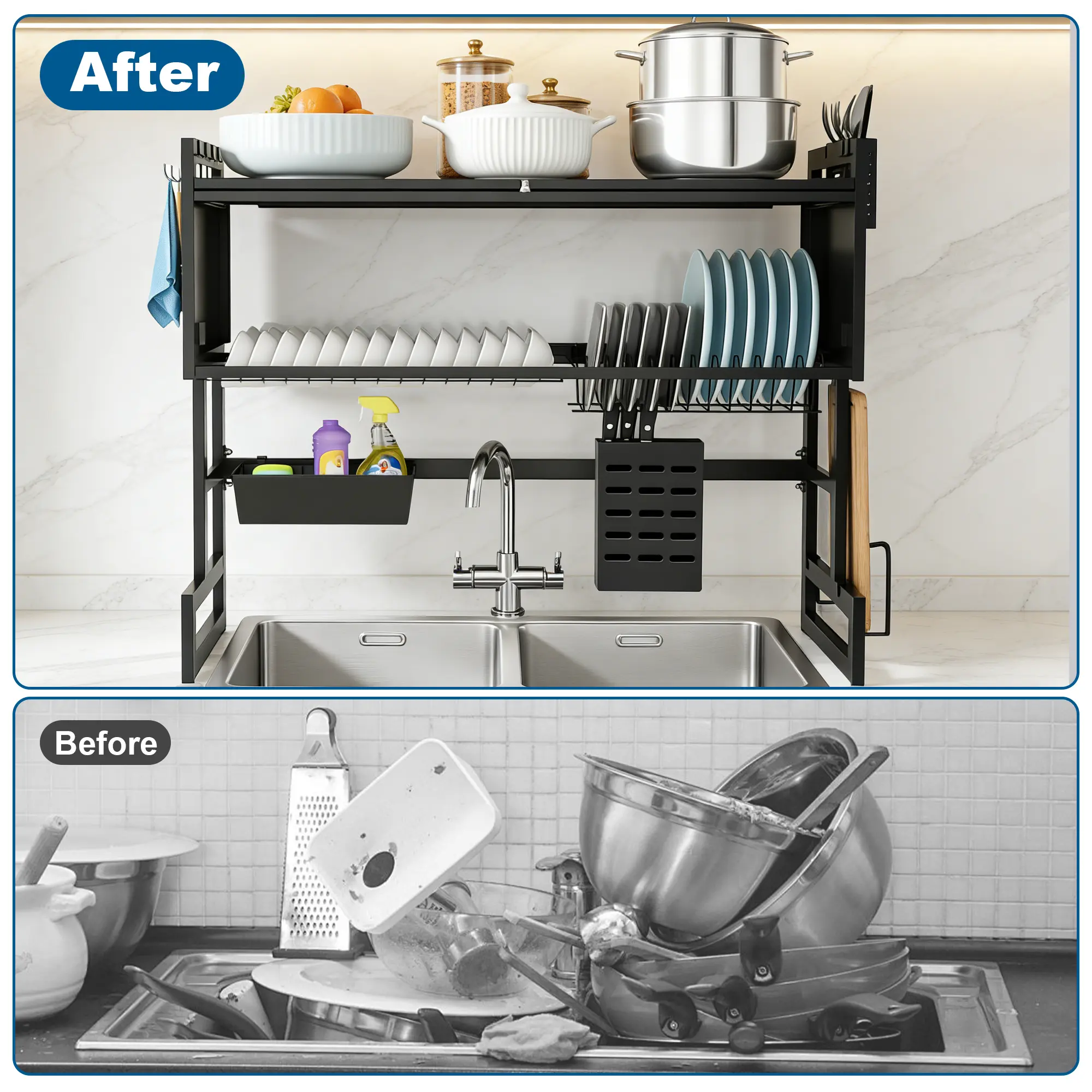 DO DOWIN Extra long Drying Rack for Kitchen Sink, Space Saving Dish Rack, Keep Kitchen Sink Shlef Organized Space-Saving Dish Drying Rack, Large Stainless Steel Sink Drying Rack for Dishes- Countertop Organizer for Dishes,Utensils, and Cookware with Drain