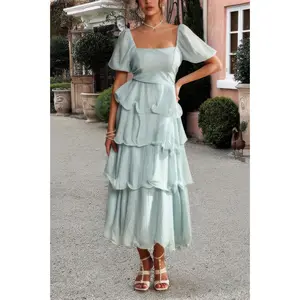 Off Shoulder Puff Short Sleeves Tiered Dress