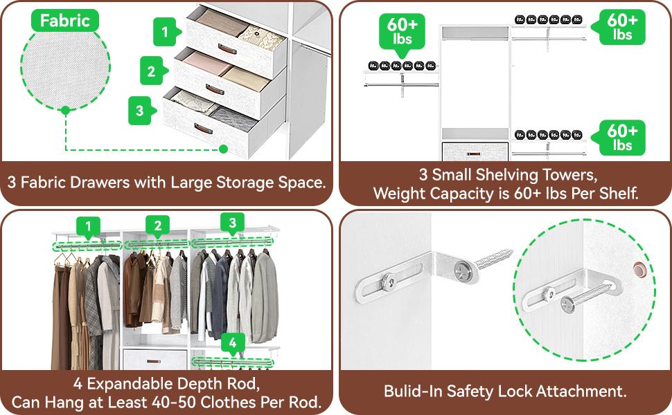 Cyclysio 60'' W Closet System with Drawers & Hanging Rods, 5FT Sturdy Walk-In Closet Organizer System Wardrobe Garment Rack with 3 Adjustable Shelves Cyclysio 60'' W Closet System with Drawers & Hanging Rods, 5FT Sturdy Walk-In Closet Organizer System Wardrobe Garment Rack with 3 Adjustable Shelves