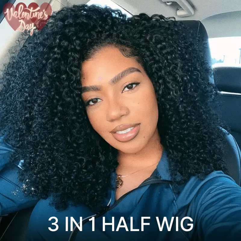 Frodio 100% Human Hair Kinky Curl 3-in-1 Half Wig Flexi-Fit Drawstring Wig