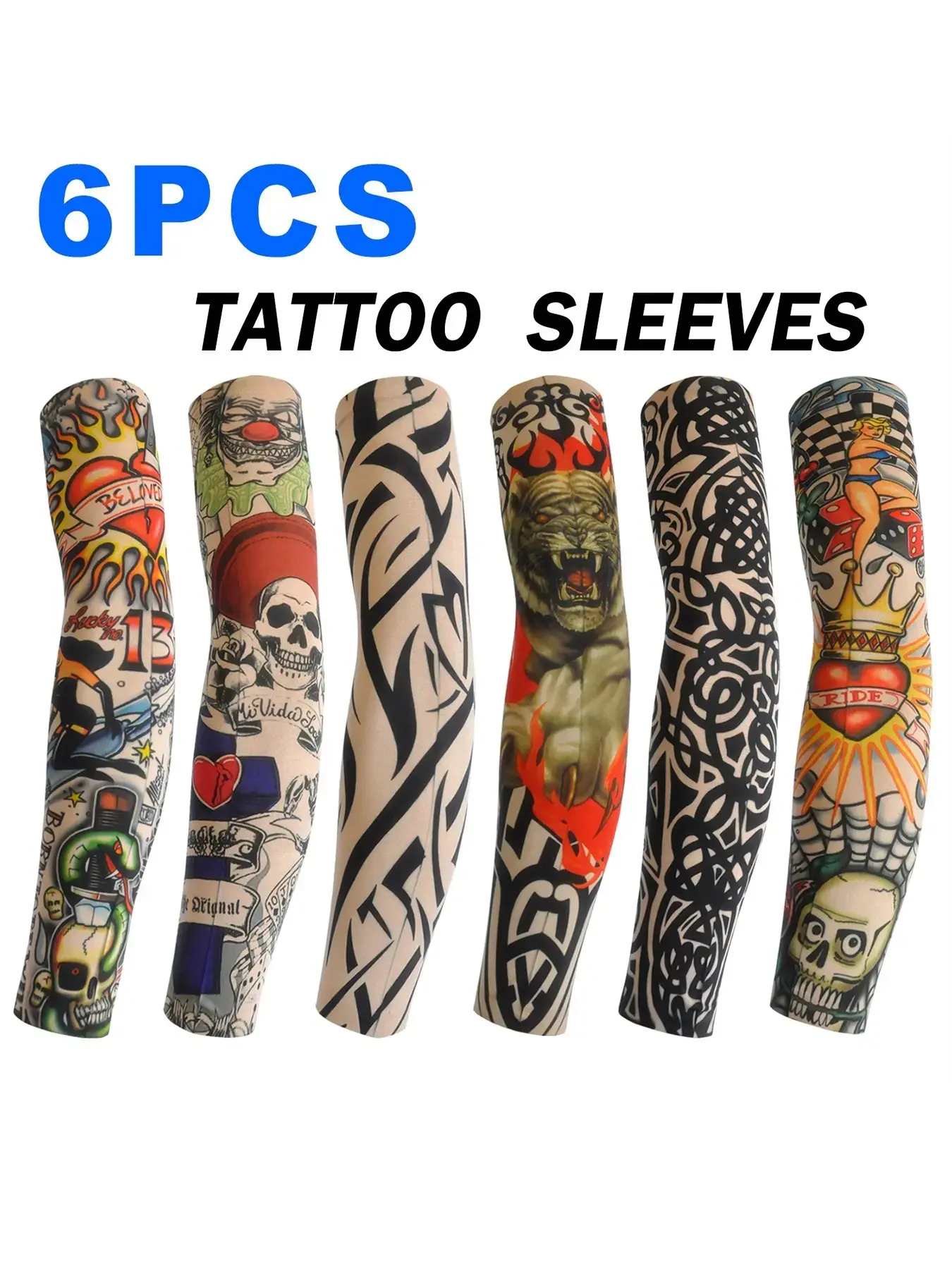 6 Pcs Tattoo Arm Sleeves for Men & Women, Elastic UV Protection Sunblock Arm Covers, Comfort Stylish Accessories for Cycling, Party, Nightclub & Outdoor Activities
