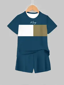 Colorblock Patchwork King Letter Print Short Sleeve Shorts Set, Casual Simple Kids Clothing, Summer Fashion, Clothing Sets, Boys