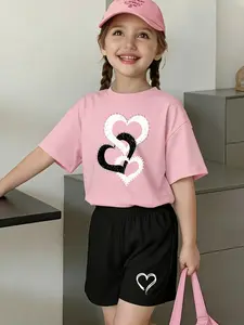 Pink & Black Kids "Intertwined Hearts" Graphic Set - 2026 Trending Sweet Girl Kids Streetwear, Casual Fashion Set, Soft Cotton Fabric Perfect for Family Outings & Daily Looks