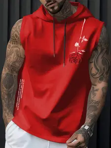 Men's Regular Fit Cartoon Rose Print Hooded Tank Top, Casual Sleeveless Hoodie Vest for Summer, Fashion Men's Clothes for Daily Wear, Menswear, Sweatshirts