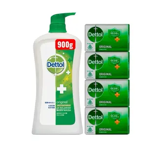 Dettol Antibacterial Bodywash Cleanser, Original 900g, with 4 100g Original Antibacterial Soaps for Body Care Skin Repair Cleansing