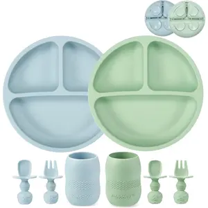 Silicone Baby Feeding Set| 2 Pack Silicone Divided Suction Plate 2 Pack Tiny Cup with 2 Spoons 2 Forks| Baby Led Weaning Supplies Self Feeding Eating Utensils (Blue/Green)