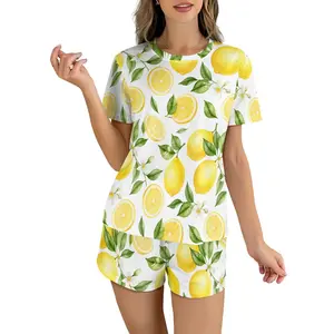 2 Piece Women's Pajama Set - White Lemon Print Short Sleeve Lounge Wear - Casual Summer Sleepwear - TikTok Favorite Matching Set