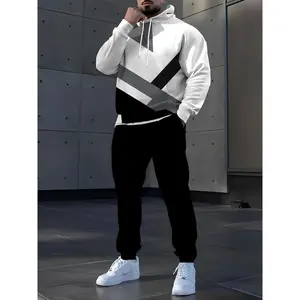 Regular Fit Polyester Men's Casual Printed Hoodie Set, Stretch Knit Athletic Sweatshirt and Pants Outfit for Workout, Hiking, Outdoor, Evening Dates, Casual Wear