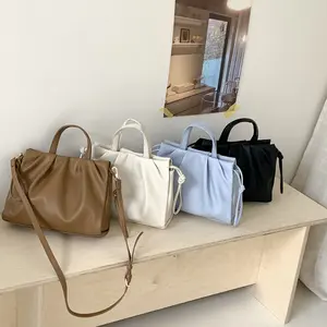 Women's Polyester Large-Cap Plain Cloud Bag - Gentle Pleated Colorblock Puff Design, Hand-Held & Crossbody Bag with Magnetic Buckle