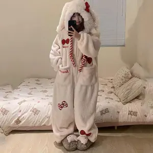 Thickened Winter Pajamas Onesie Coral Fleece Hooded Sleepwear for Cute Girls And Men Home Clothes Outdoor Wearable Cartoon Print