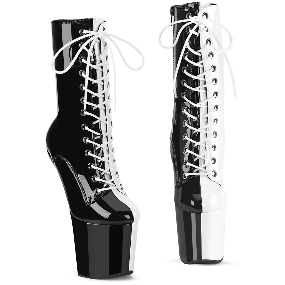 Women's 8-in Heelless Lace Ankle Platform Boot - CRAZE-1040TT, 2-Tone Black White, Zip, Lace, Ankle, Height Increase Solutions Footwear, Two-Tone Look