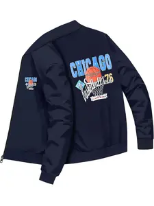 Casual Sports Style Men's Chicago Basketball Themed Printed Bomber Jacket for Daily Trendy Outfits and Casual Wear