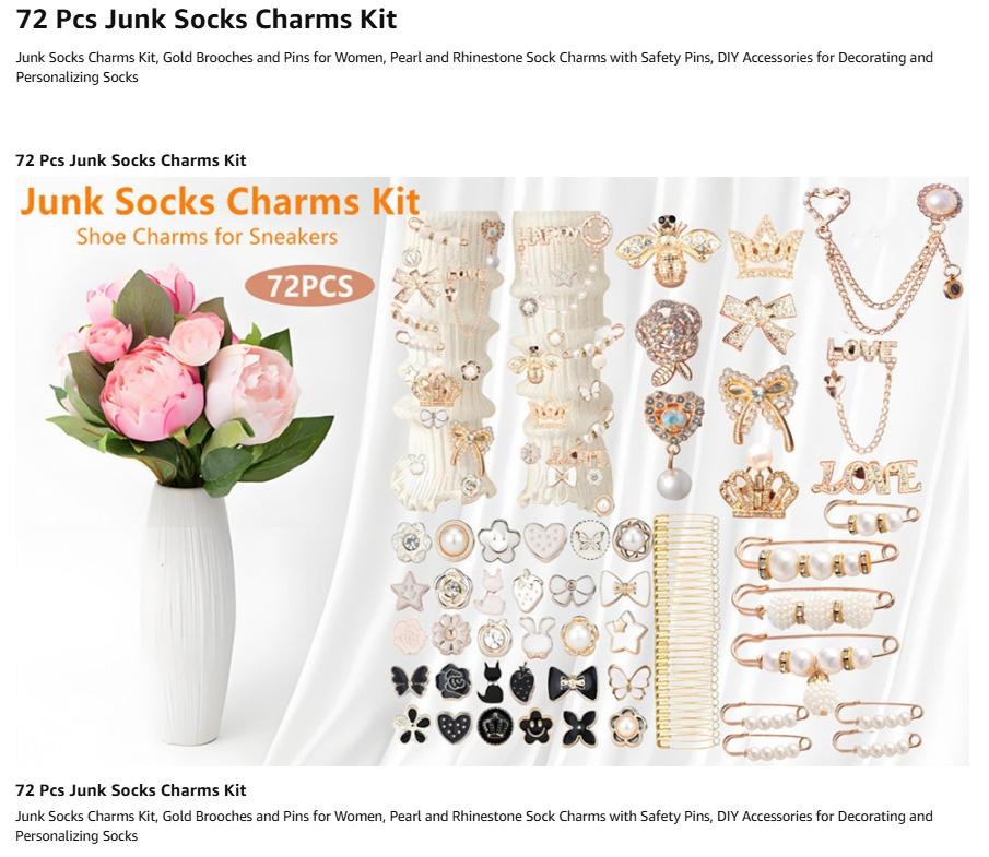 72Pcs Junk Socks Charms Kit, Gold Brooches and Pins for Women,Pearl and Rhinestone Sock Charms with Safety Pins, DIY Accessories for Decorating and Personalizing Socks Clothes Hats Shoes Scarf Shawl