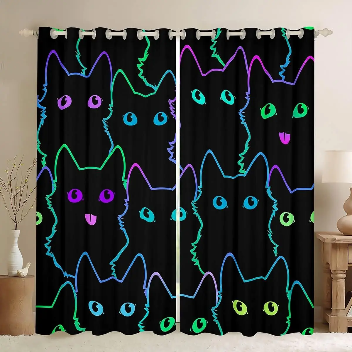 3D Cartoon Kitty-Themed Velvet Blackout Curtains, Colorful Animal Decorative Fabric Print Curtains, Modern Darkening Household Textile Accessory for Bedrooms, Ideal for Pet Cat Lovers, Colorful Curtains