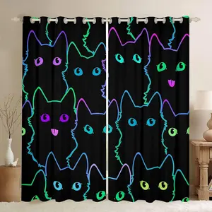 3D Cartoon Kitty-Themed Velvet Blackout Curtains, Colorful Animal Decorative Fabric Print Curtains, Modern Darkening Household Textile Accessory for Bedrooms, Ideal for Pet Cat Lovers, Colorful Curtains