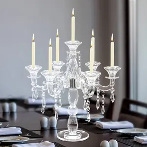 Crystal Candle Holder, 7-Arm Crystal Candelabra Candlestick Candle Holder 14 Inch Modern Clear Candelabra Centerpieces for Home Wedding Event and Party Festival Table Decoration Glass Light Round Ornaments