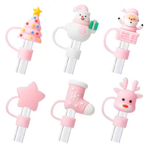 6Pcs Christmas Pink Straw Cover Cap for Stanley Cup 40oz/30oz Tumbler, 10mm Reusable Cute Drinking Straw Topper Accessories, Portable Protector Plugs Decorations Gifts for Party Christmas
