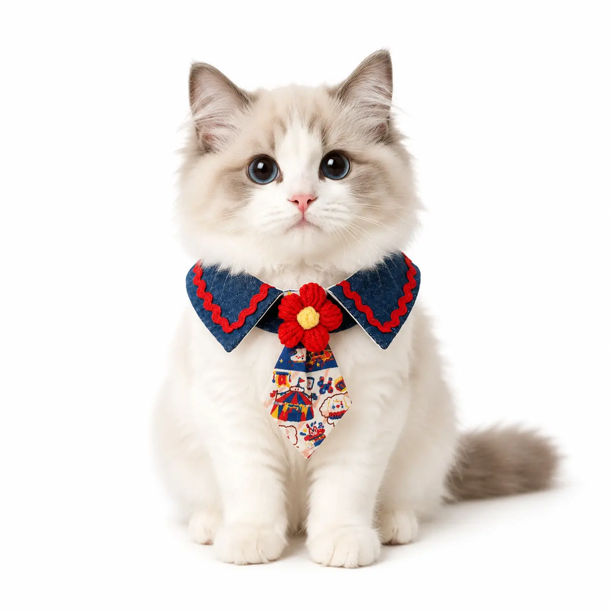 Vintage Circus Style Denim Pet Bibs - Adjustable Dog Bandanas with Button Design, 3D Flower Tie, Bowtie, Skin-Friendly Cartoon Animal Neck Accessories for Dogs, Cat Photo Props & Daily Wear