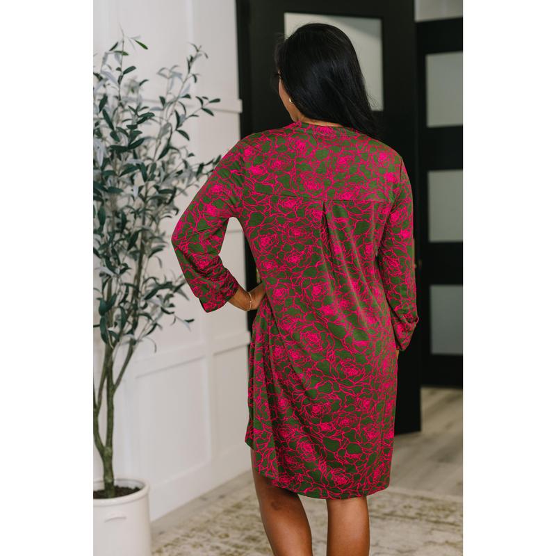Lizzy Long Sleeve Dress in Pink and Olive Abstract Floral