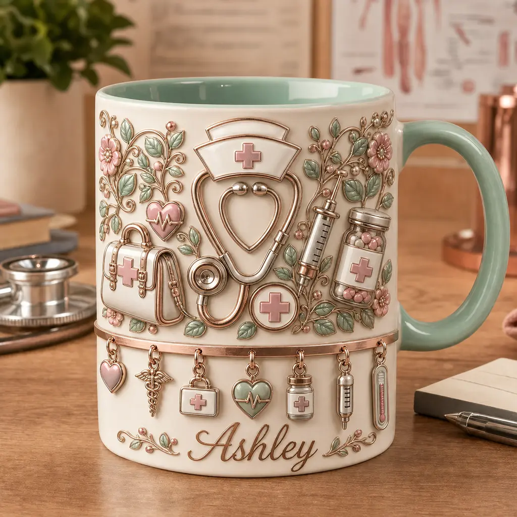 Personalized Nurse Mug, Custom Sage Handle Ceramic Cup, 2D Printed 3D Effect Floral Medical Tools Design, For Nurses Women Healthcare Workers, Nurse Appreciation Birthday Christmas Gift, Nursing Keepsake