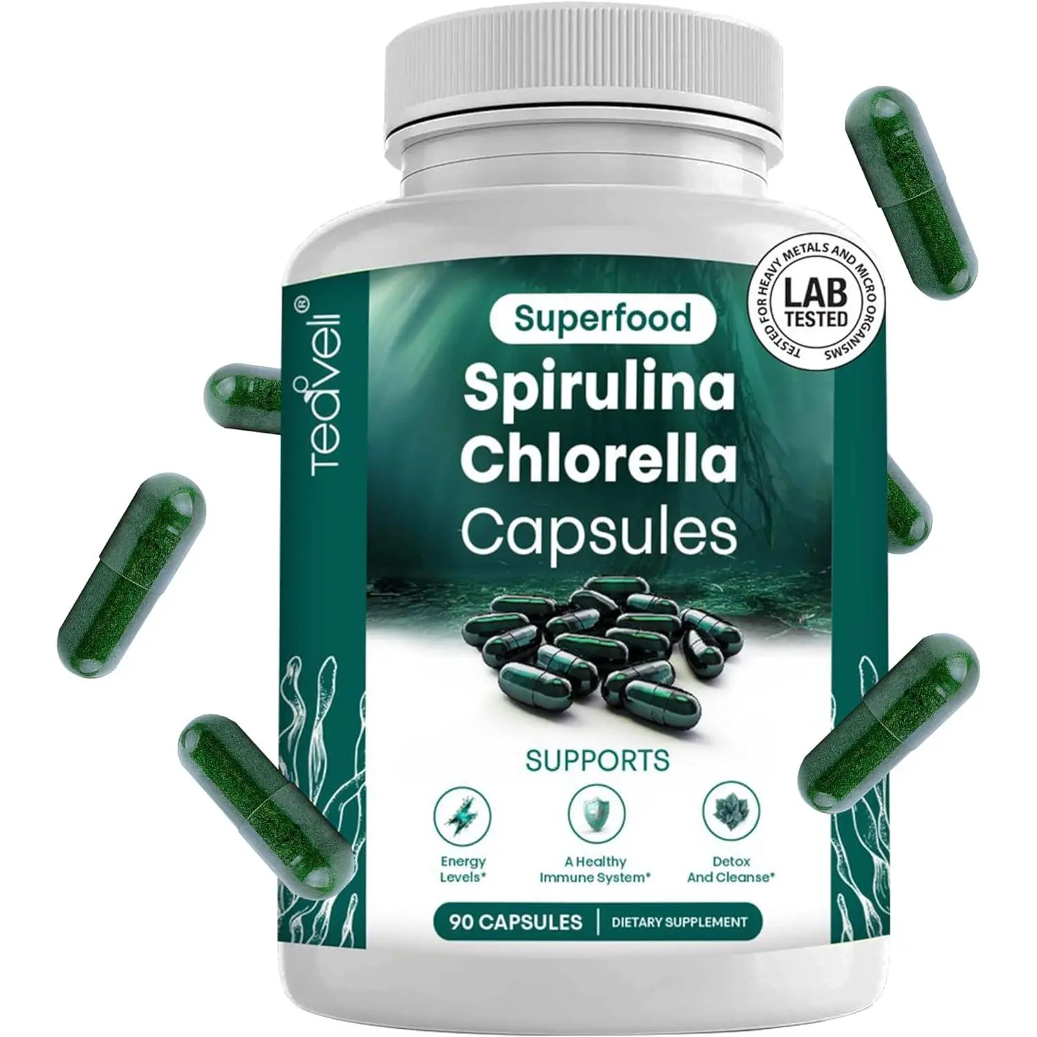 Spirulina and Chlorella Capsules Chlorophyll Pills Blue Green Algae to Support Powerful Detox Energy Healthy Immune System 3X More Chlorella Spirulina Powder Per Serving 90 Ct