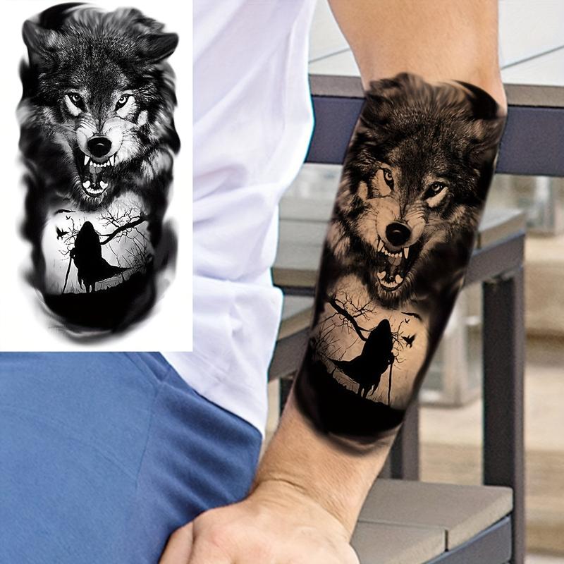 8 Sheets 3D Tribal Wolf Lion Tiger Temporary Tattoos, Men Adult Half Arm Sleeve Tattoo, Dragon Gang Eyes Totem Fake Tattoo Stickers, Body Fake Tattoos