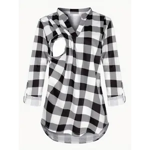 Stylish Plaid Maternity Nursing Shirt Top Elegant V Neck Blouse With Side Split For Breastfeeding