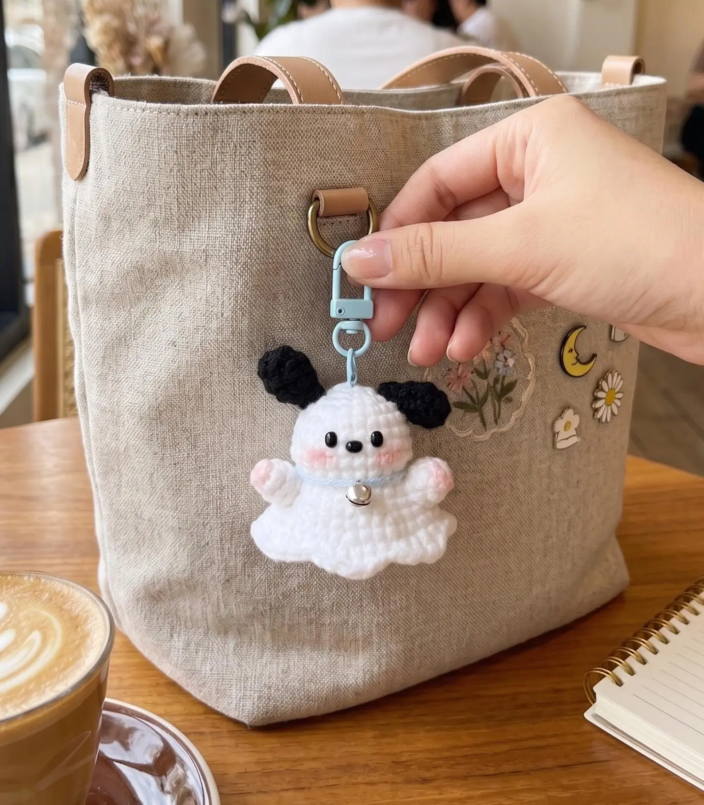 Handmade Crochet Ghost Puppy Keychain, Cute Kawaii Dog Spirit Charm, Mini Amigurumi Bag Accessory, Unique Halloween Gift
