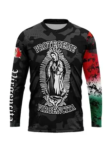 St. Jude & Virgin Mary Off-Road Racing Shirt with Mexican Flag Camo, Athletic Letter Print T Shirt, Long Sleeve Ethnic Pattern Tee for All Seasons, Fitted Street Rider Style