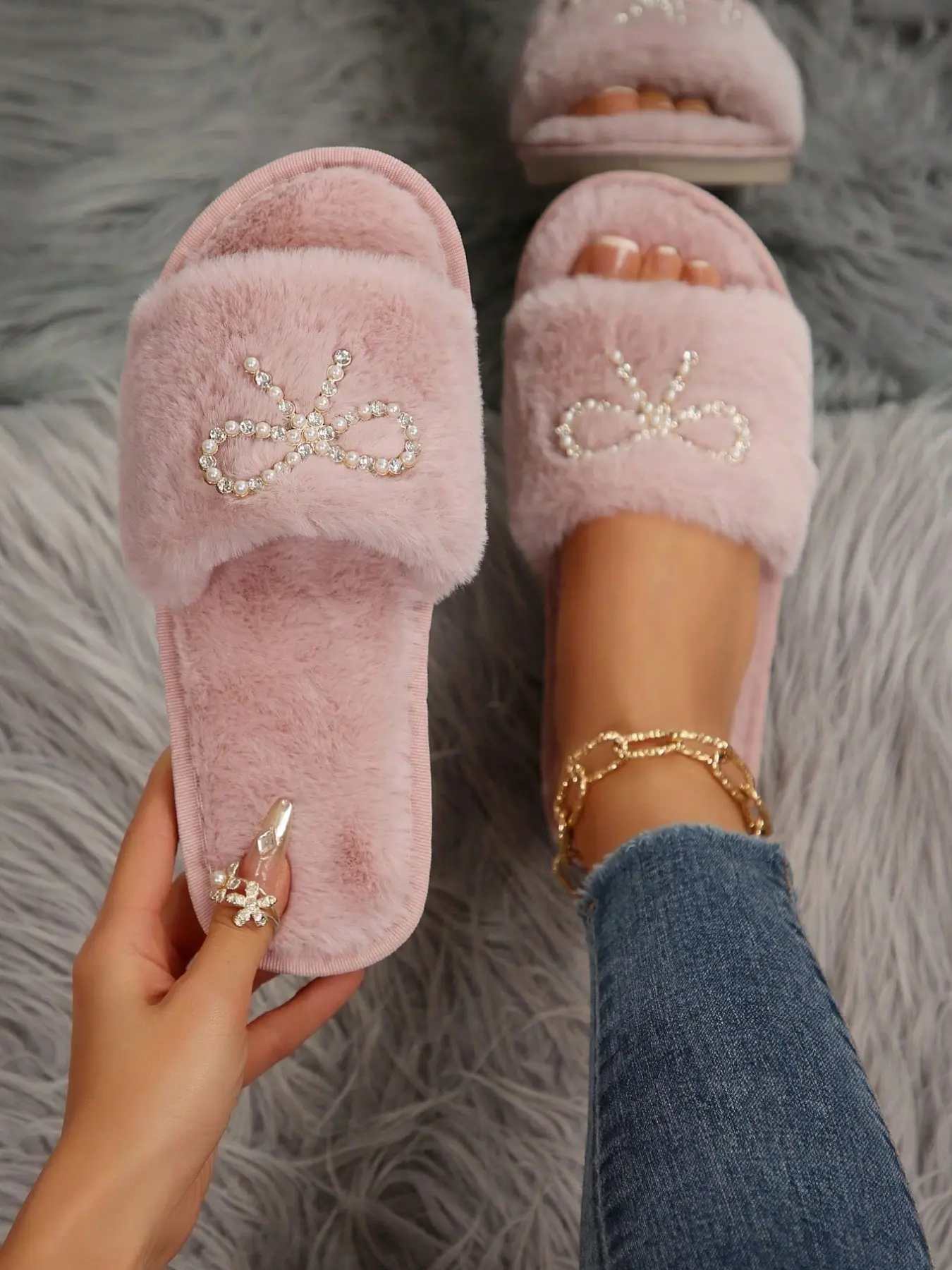 Women's Plush Slippers with Sequins S Letter Design, Open Toe Fluffy Shoes, Comfortable Soft Casual Footwear for Daily Wear & Gifts, Open Toed Slippers, Home Slippers, Slippers Indoor