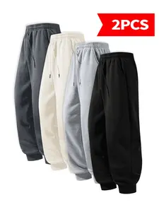 [2 Pack Solid Color Joggers] Men's Ankle-Length Sports Pants for All Seasons - Comfortable & Versatile Workout Running Sweatpants in Black Grey Beige & Dark Grey Two-Piece Set of Solid Color Sports Pants Made from Durable Polyester Fibers