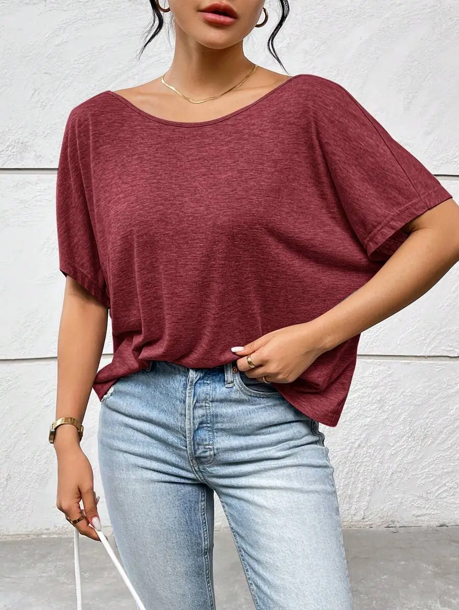 Women's T-Shirt Casual Oversized for Daily Wear, Round Neck, Short Sleeve, Batwing Sleeve, Twisted Knot, Backless, Stretch Knit