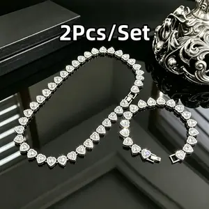 2Pcs/Set Heart Shaped Cuban Chain Necklace Set & Hip Hop Style Choker Set,Luxurious Jewelry Set for Enhance Temperament, Birthday,Daily & Party Wear