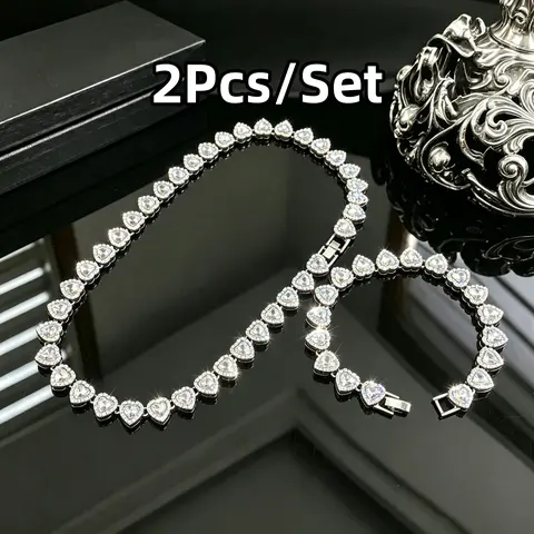 Women's 2-Pcs Heart Necklace Set - Durable Heart Pattern Chain, Sparkling Choker Necklaces, Party-Ready Accessories for Dating & All-Seasons Wear, Gifts for Women