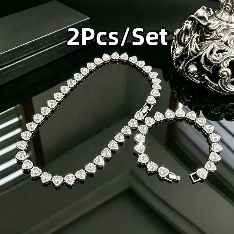 Women's 2-Pcs Heart Necklace Set - Durable Heart Pattern Chain, Sparkling Choker Necklaces, Party-Ready Accessories for Dating & All-Seasons Wear, Gifts for Women