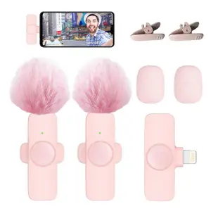 Microphone with Pink Fur Cover and Clips for Enhanced Audio Quality and Easy Attachment to Devices