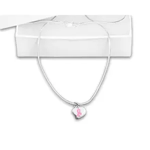 Breast Cancer Heart Charm Ribbon Necklace
