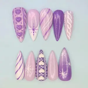 Purple Valentine Press On Nails, Heart & Star Long Stiletto Nails, Glitter Ombre Nail Art, Romantic Cute Gift for Her